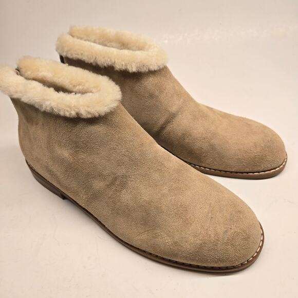 Eileen Fisher Shearling Trim Drift Suede Biscuit Tan Ankle Booties, SZ 8.5 - New - Picture 1 of 12